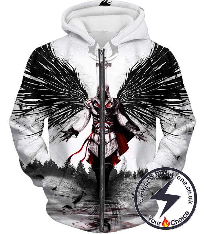 Guardian Angel Ezio Auditore Cool Fan Art White Zip Up Hoodie